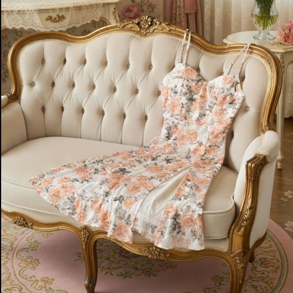 Windsor Romantic Lovely Seeing You Floral Chiffon Midi Dress 🍑 Peach & Cream M